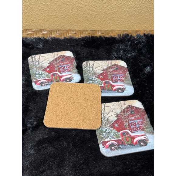 Christmas-Themed Cork Coasters With Red Truck & Barn Design Cork Back Set Of 4 - Picture 4 of 5
